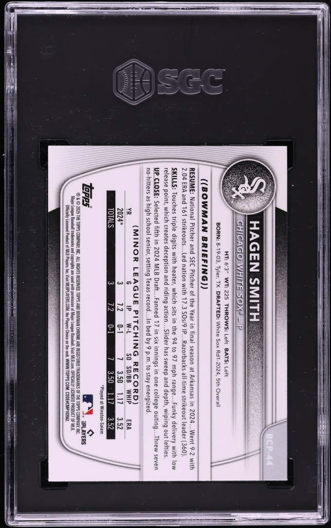 2025 Bowman Chrome Mega Box Pink Refractor Hagen Smith PROSPECT /199 #BCP-44 SGC 10 GEM MINT