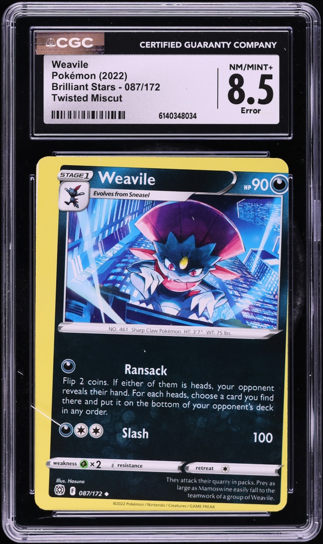 2022 Pokemon Sword & Shield Brilliant Stars Twisted Miscut Error Weavile #087 CGC 8.5 NM-MT+