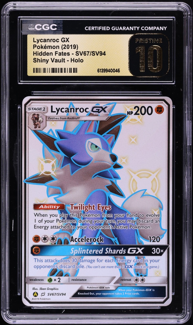 2019 Pokemon SM Hidden Fates Shiny Vault Full Art Shiny Lycanroc GX #SV67 CGC 10 PRISTINE