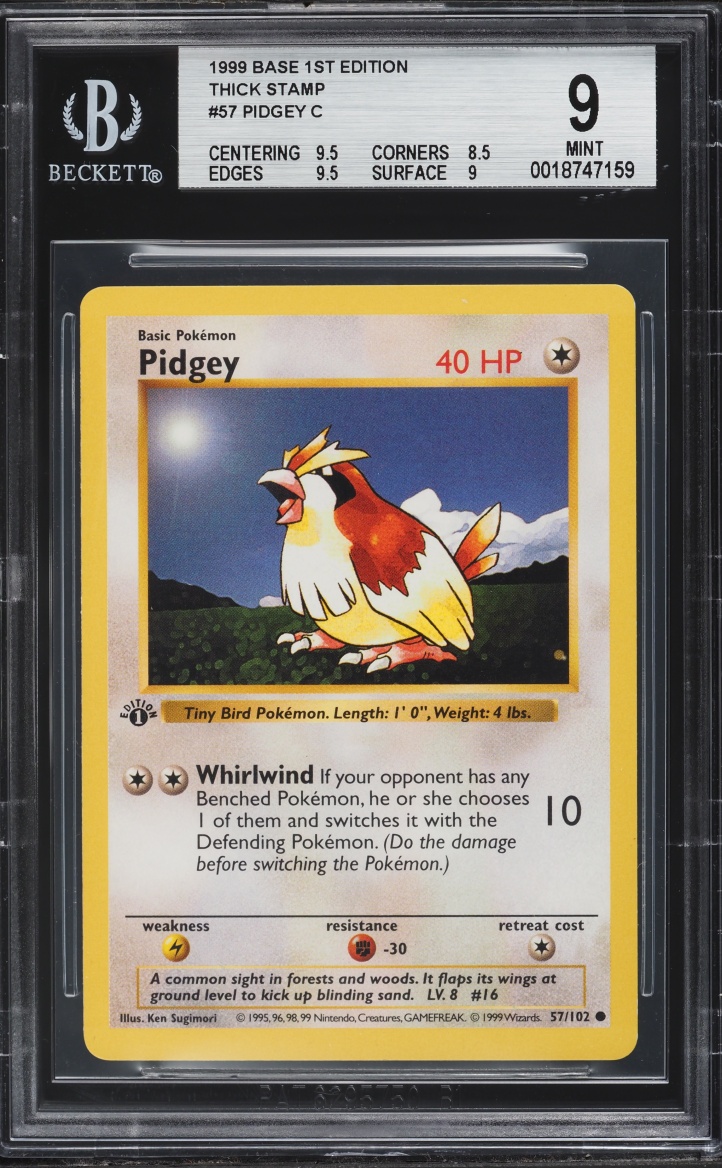 1999 Pokemon Base Set Shadowless 1st Edition Thick Stamp Pidgey #57 BGS 9 MINT