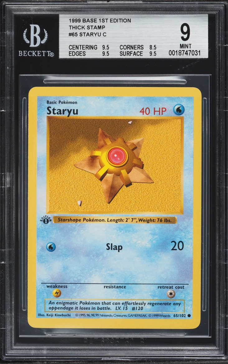 1999 Pokemon Base Set Shadowless 1st Edition Staryu Thick Stamp #65 BGS 9 MINT