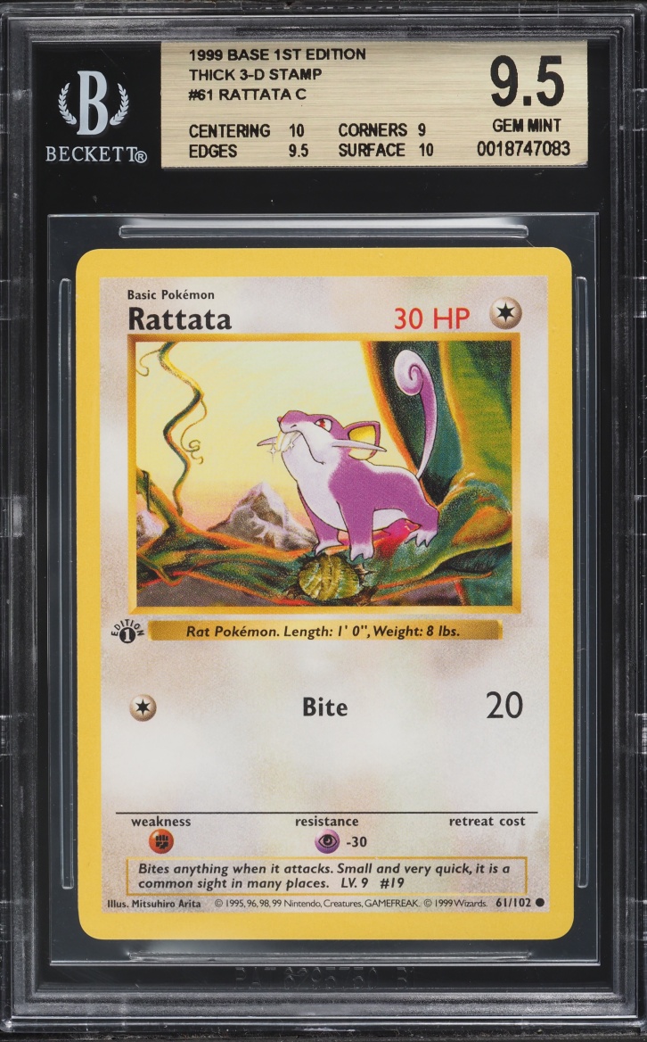 1999 Pokemon Base Shadowless 1st Edition 3D Thick Stamp Rattata #61 BGS 9.5 GEM MINT
