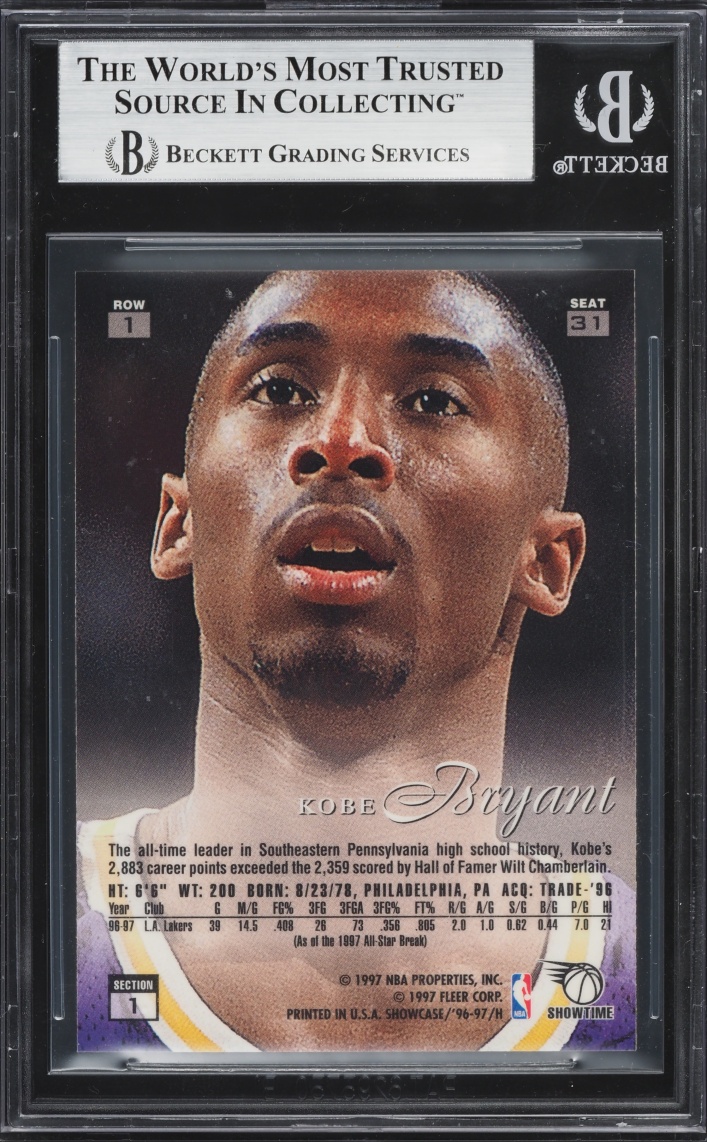 1996 Flair Showcase Row 1 Kobe Bryant ROOKIE #31 BGS 9 MINT