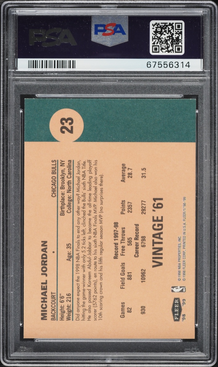 1998 Fleer Tradition Vintage '61 Michael Jordan #23 PSA 9 MINT