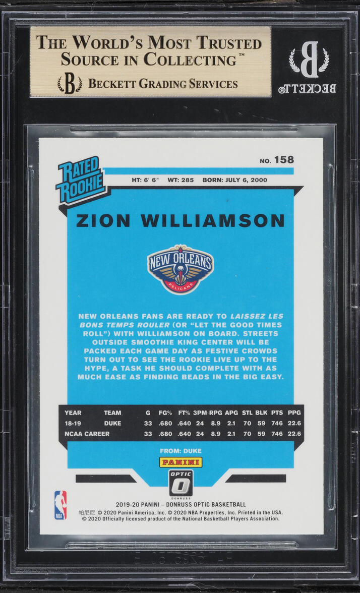 2019 Donruss Optic Zion Williamson ROOKIE #158 BGS 10 PRISTINE