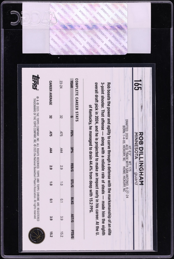 2024 Topps Chrome Purple Speckle Refractor Rob Dillingham ROOKIE /299 #165 CGC AUTH