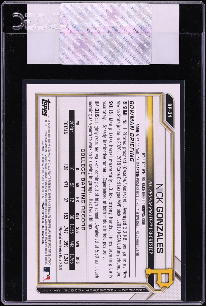 2021 Bowman Purple Nick Gonzales PROSPECT /250 #BP-34 CGC AUTH