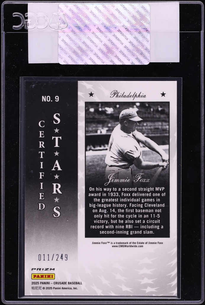 2025 Panini Crusade Certified Stars Green Jimmie Foxx /249 #9 CGC AUTH