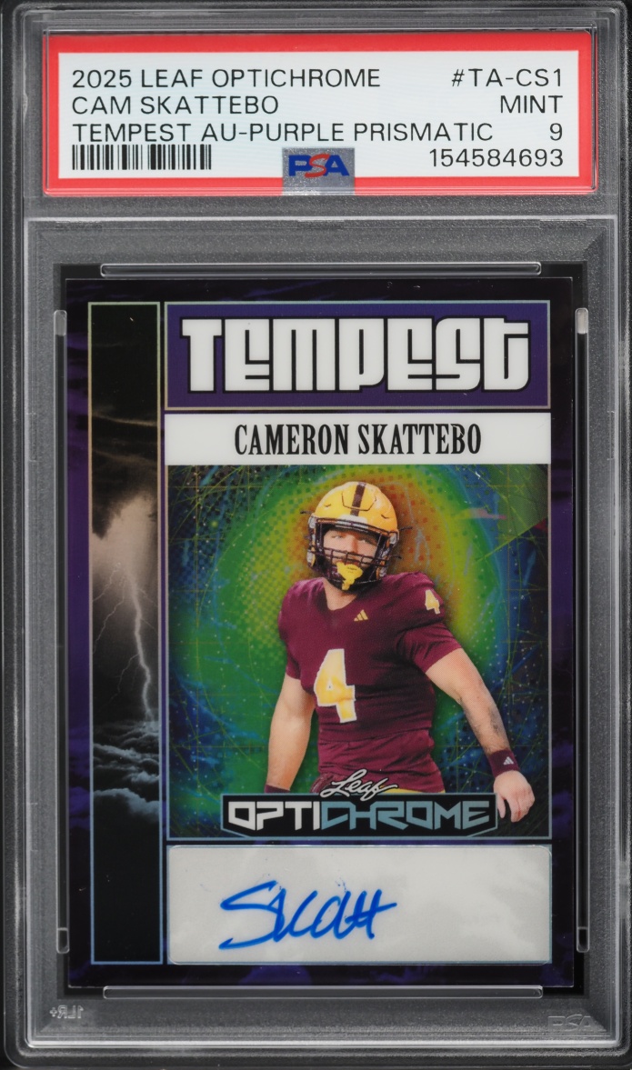 2025 Leaf Optichrome Tempest Purple Prismatic Cam Skattebo ROOKIE AUTO 1/5 #TA-CS1 PSA 9 MINT