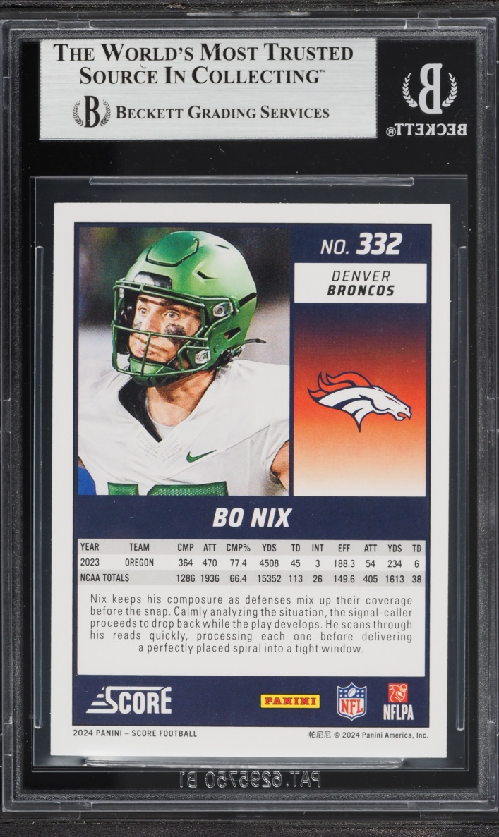 2024 Score Football Bo Nix ROOKIE #332 BGS 9 MINT