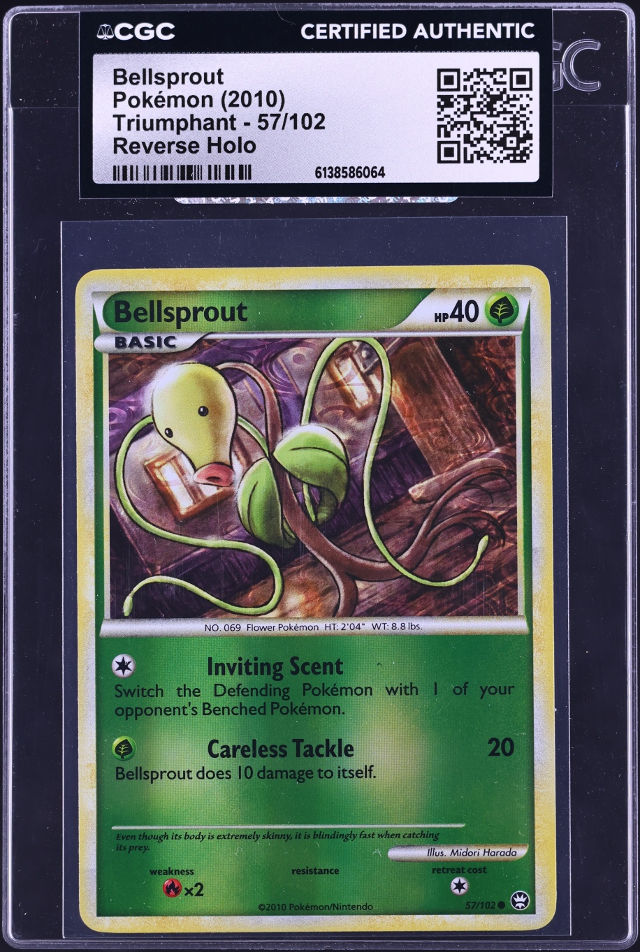 2010 Pokemon HeartGold & SoulSilver Triumphant Reverse Holo Bellsprout #57 CGC AUTH