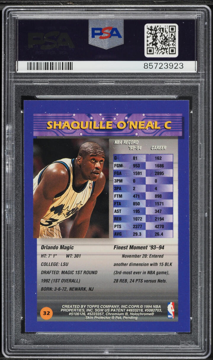 1994 Finest Refractor w/ Coating Shaquille O'Neal #32 PSA 8 NM-MT