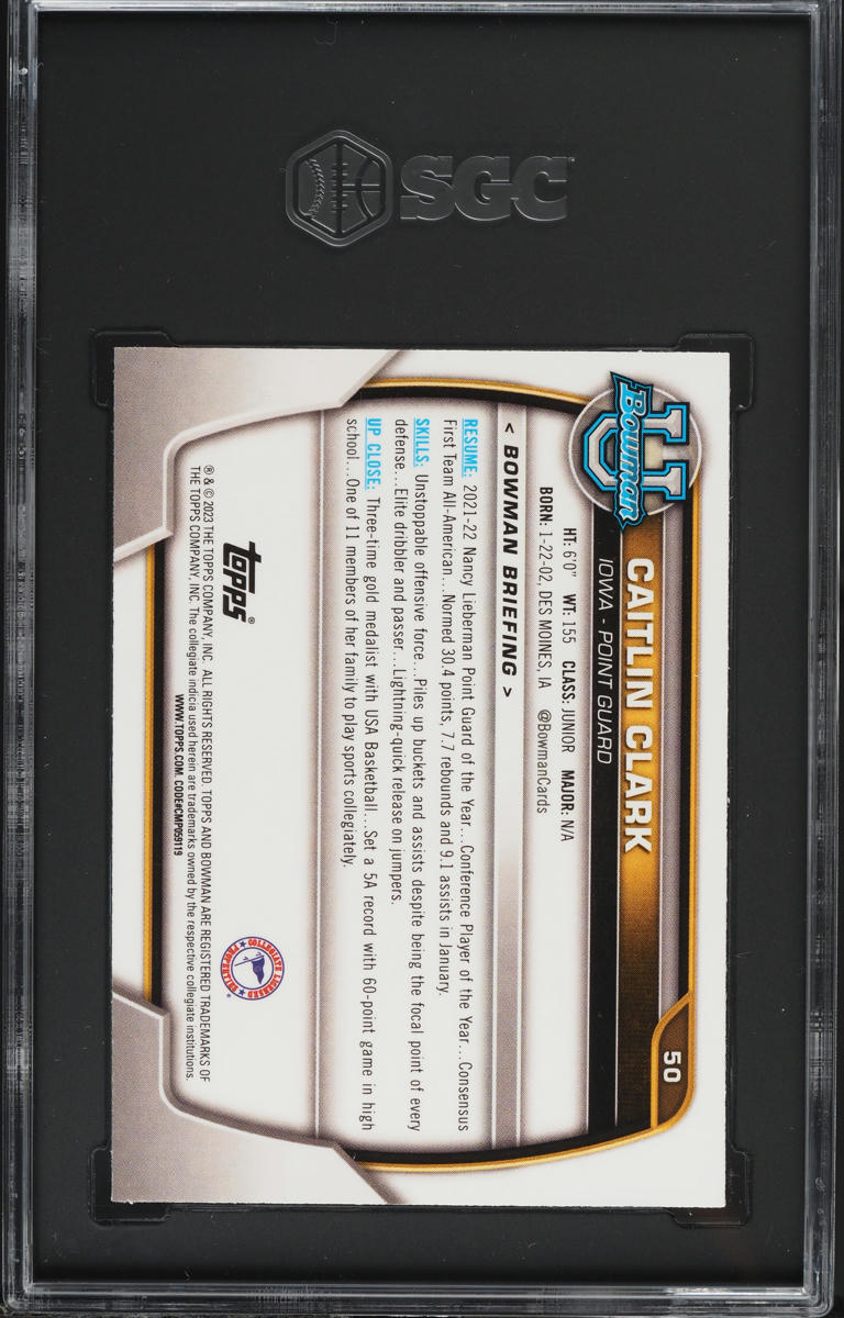 2022 Bowman Chrome University Caitlin Clark ROOKIE #50 SGC 9.5 MINT+