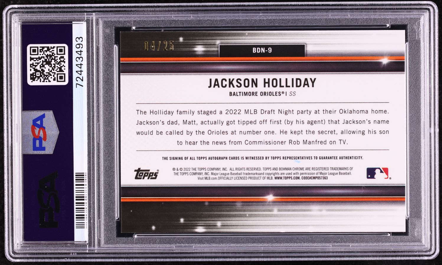 2022 Bowman Chrome Orange Refractor Jackson Holliday PROSPECT AUTO /25 PSA 10
