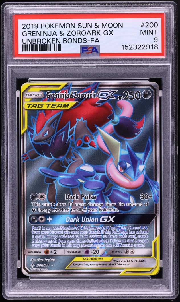 2019 Pokemon Sun & Moon Unbroken Bonds Full Art Greninja & Zoroark GX #200 PSA 9 MINT