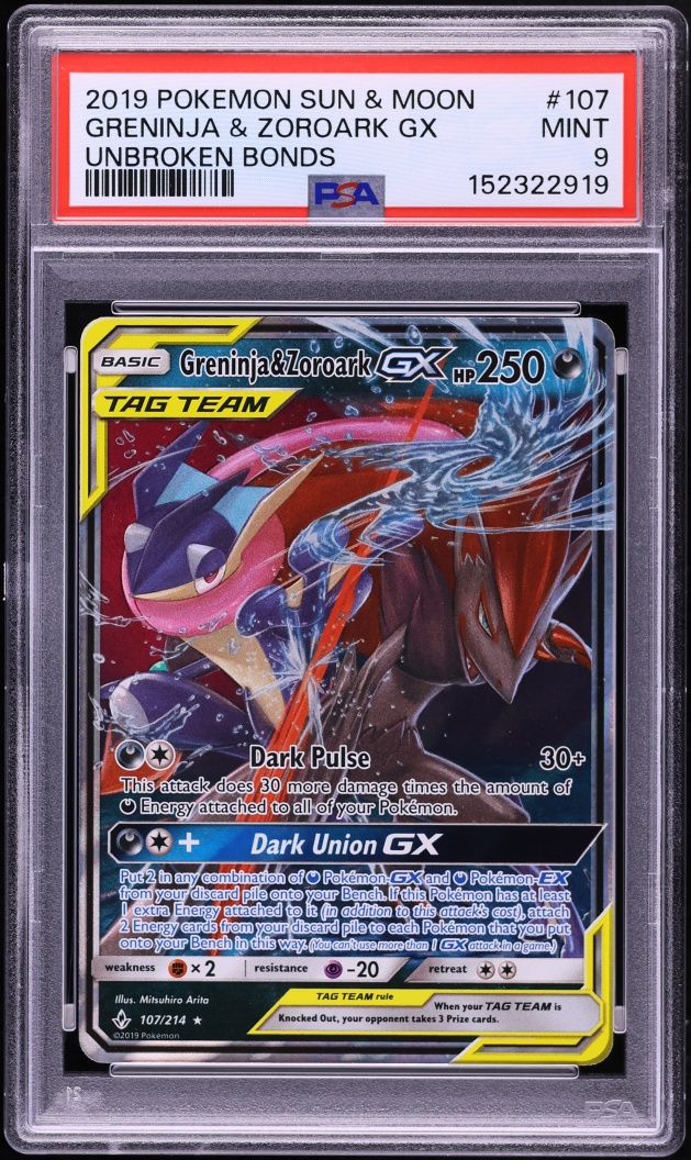2019 Pokemon Sun & Moon Unbroken Bonds Greninja & Zoroark GX #107 PSA 9 MINT
