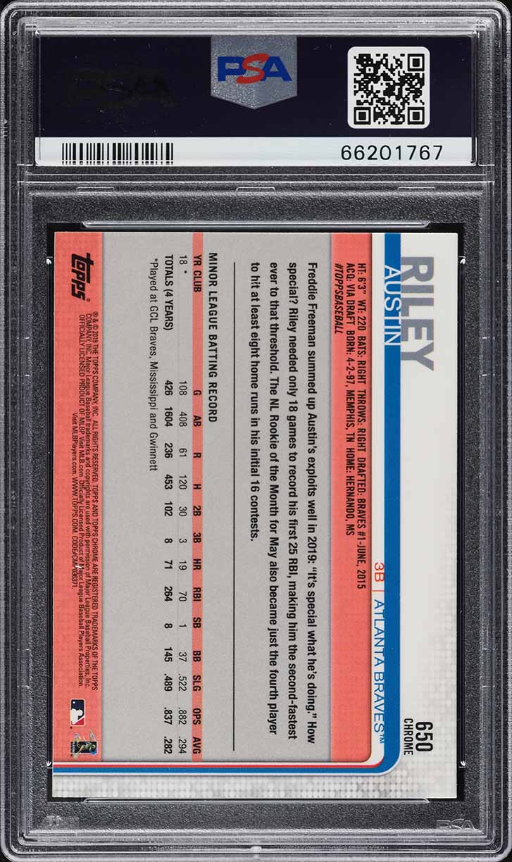 2019 Topps Chrome Sapphire Austin Riley ROOKIE #650 PSA 10 GEM MINT