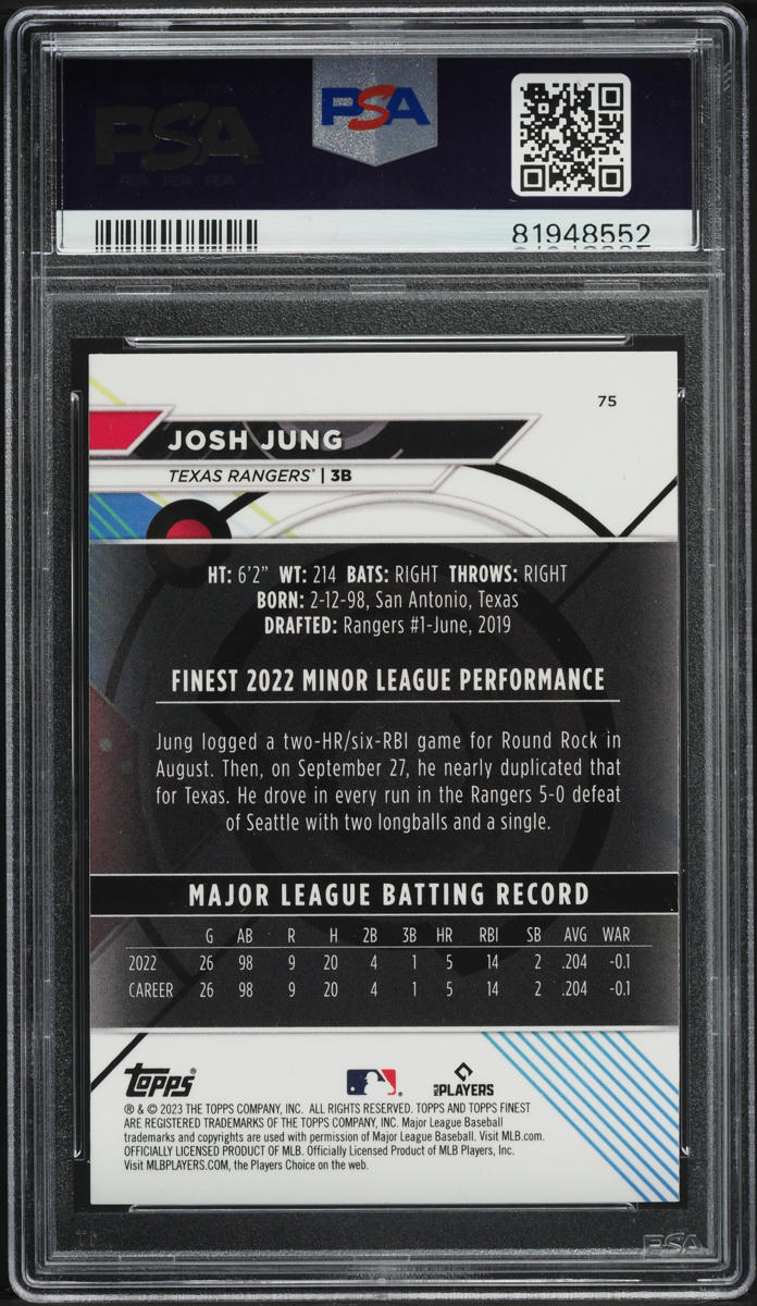 2023 Finest Josh Jung ROOKIE #75 PSA 10 GEM MINT