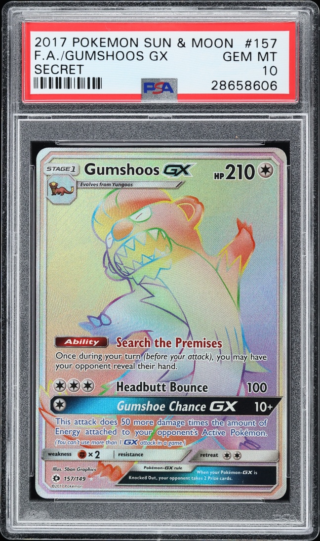 2017 Pokemon Sun & Moon Rainbow Rare Gumshoos GX #157 PSA 10 GEM MINT