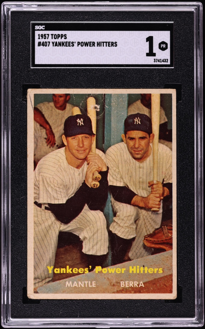 1957 Topps Mickey Mantle & Yogi Berra YANKEES' POWER HITTERS #407 SGC 1 PR