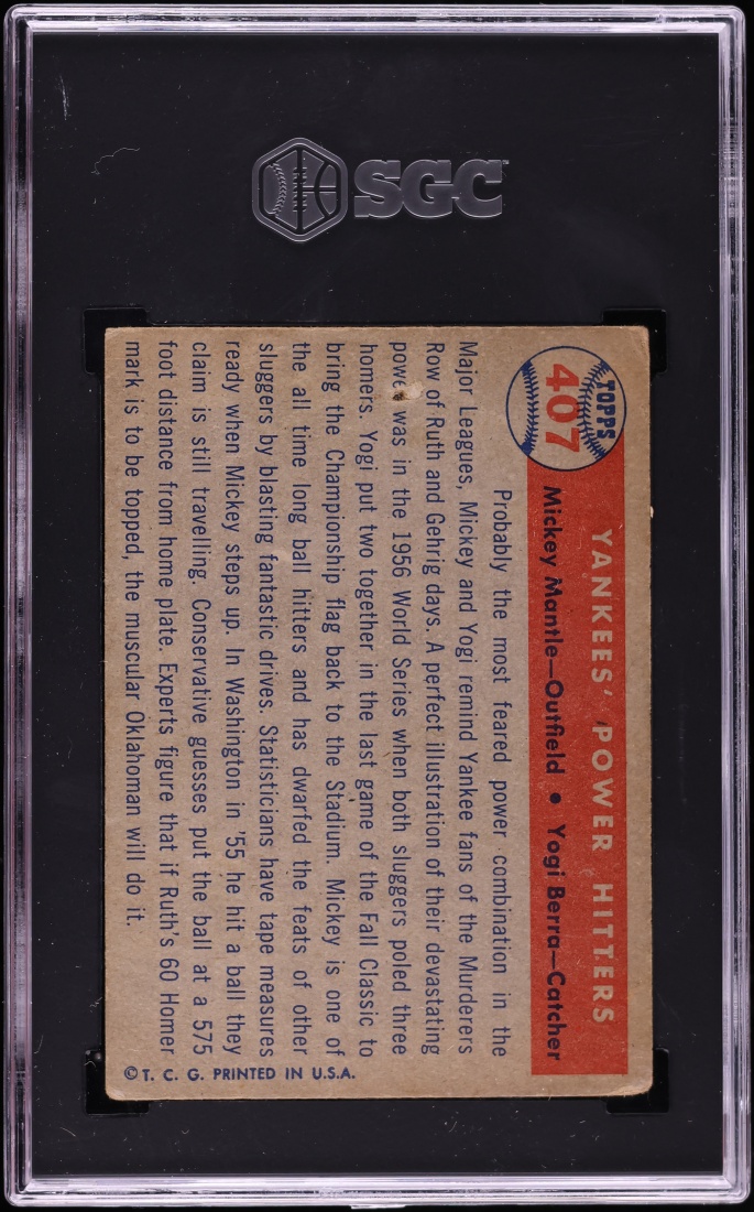 1957 Topps Mickey Mantle & Yogi Berra YANKEES' POWER HITTERS #407 SGC 1 PR
