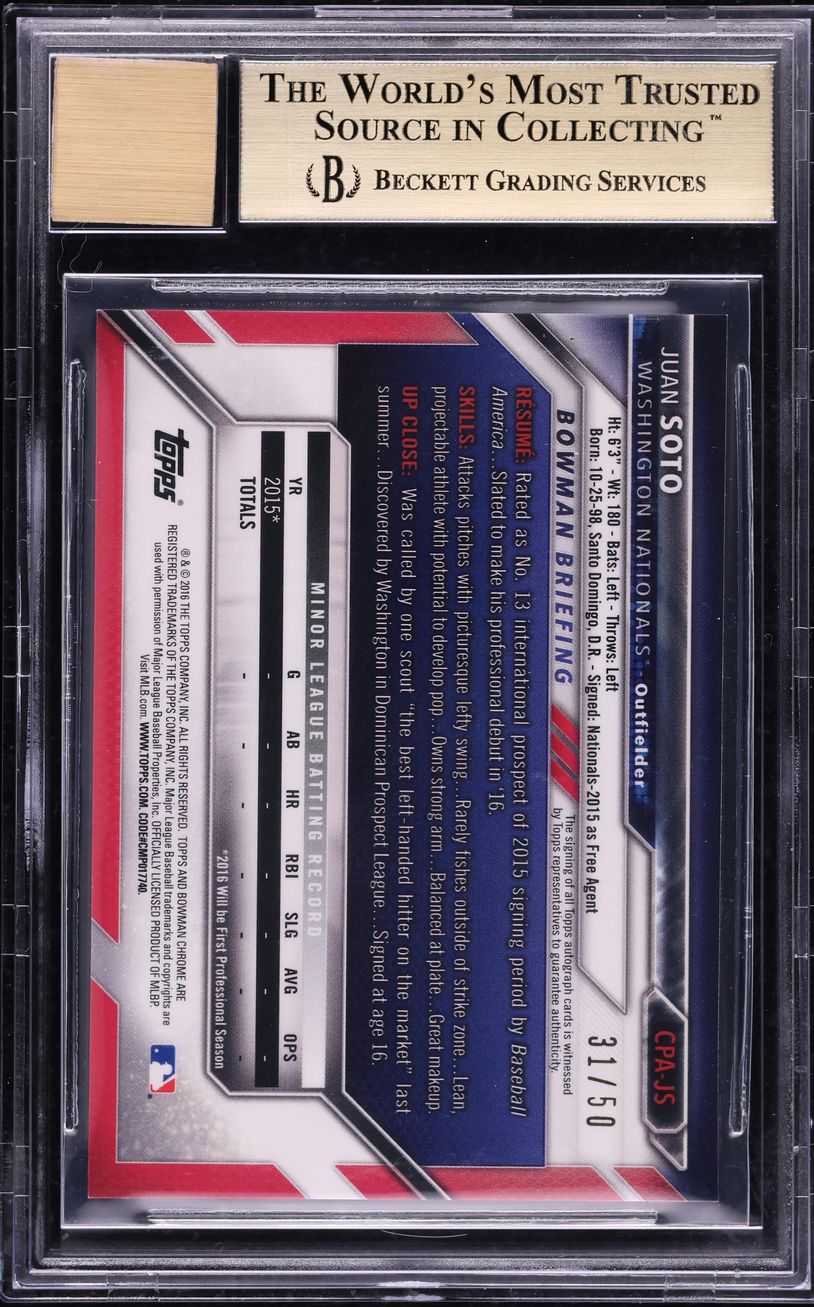 2016 Bowman Chrome Gold Refractor Juan Soto PROSPECT AUTO /50 #CPA-JS BGS 9.5
