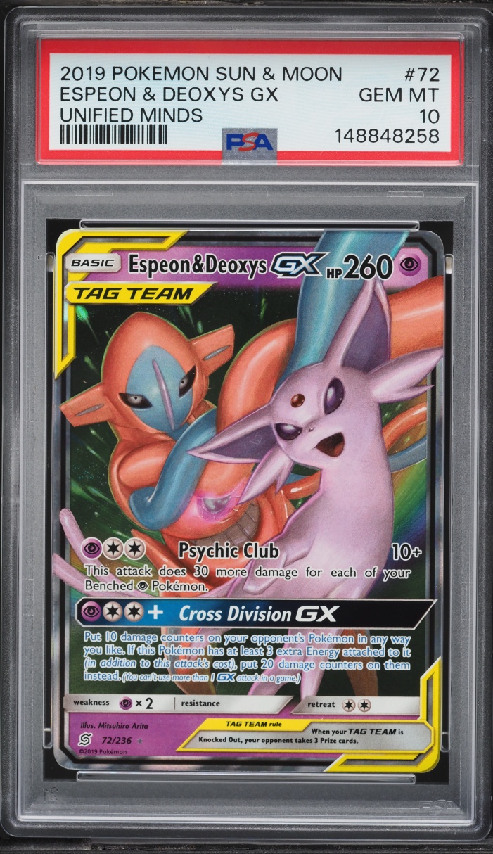 2019 Pokemon Sun & Moon Unified Minds Alt Art Espeon & Deoxys GX #72 PSA 10 GEM MINT