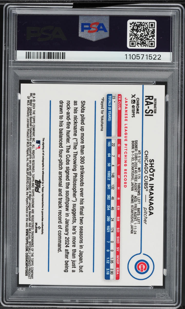 2024 Topps Chrome Refractor Shota Imanaga ROOKIE AUTO /499 #RA-SI PSA 10 GEM MINT