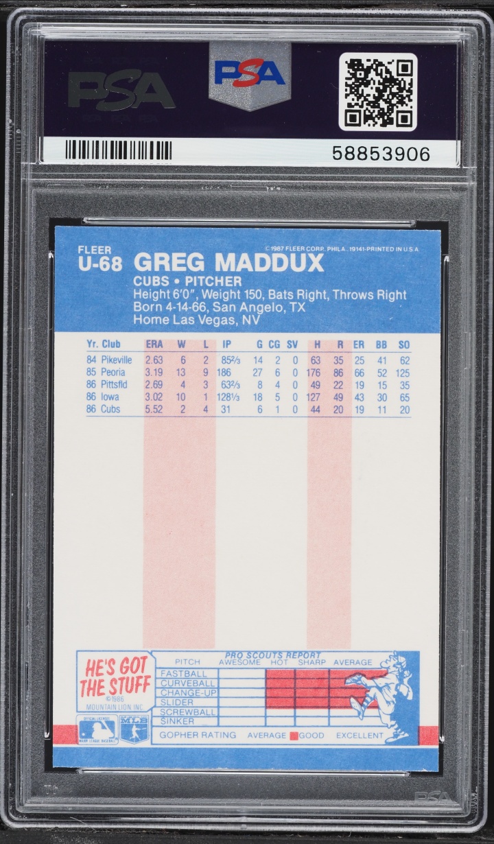 1987 Fleer Update Glossy Greg Maddux ROOKIE #U-68 PSA 8 NM-MT