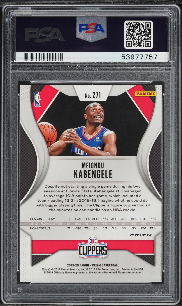 2019 Panini Prizm Silver Mfiondu Kabengele ROOKIE #271 PSA 9 MINT