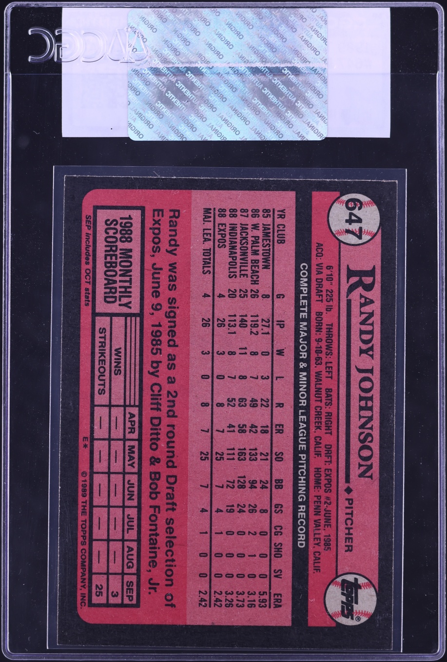 1989 Topps Randy Johnson ROOKIE #647 CGC AUTH