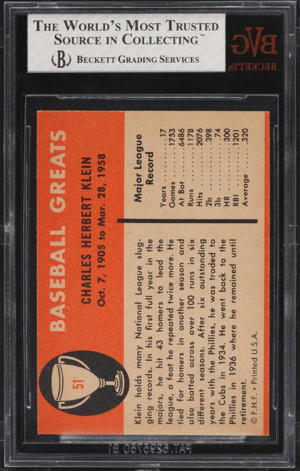 1961 Fleer Chuck Klein #51 BVG 7 NRMT