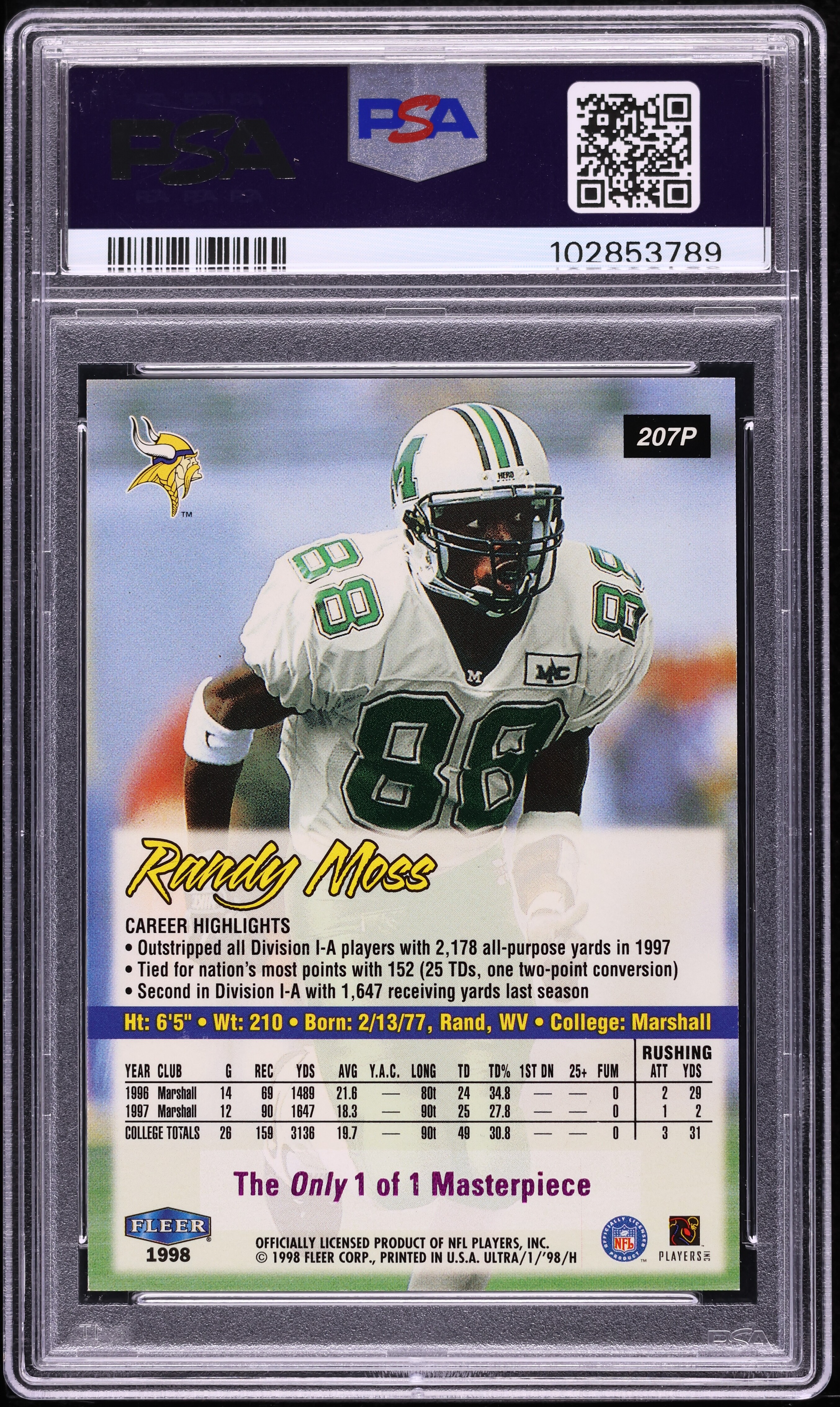 1998 Ultra Masterpiece Randy Moss ROOKIE 1/1 #207P PSA 5 EX on