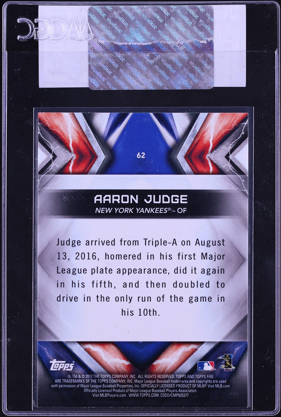 2017 Topps Fire Aaron Judge ROOKIE #62 CGC AUTH