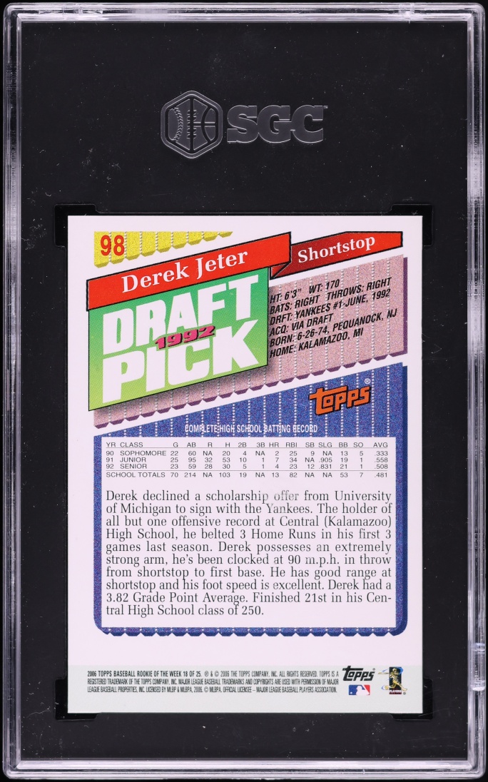 2006 Topps Rookie Of The Week Derek Jeter #18 SGC 10 GEM MINT