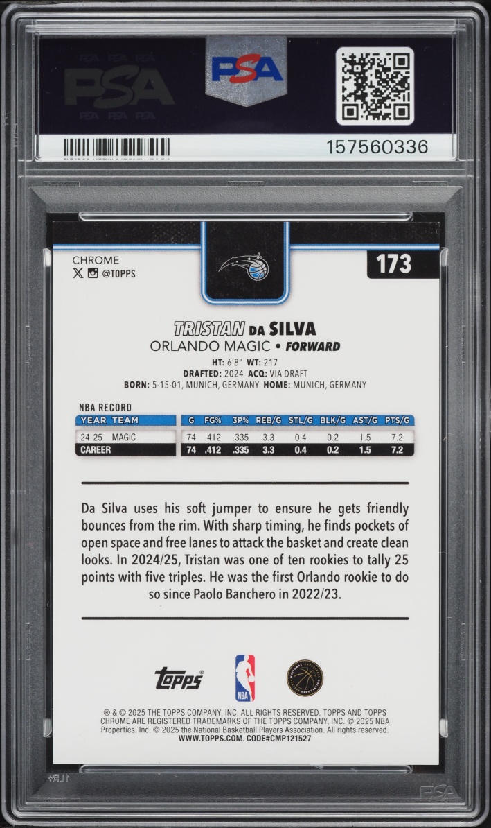 2025 Topps Chrome Sapphire Edition Red Tristan Da Silva /5 #173 PSA 10 GEM MINT