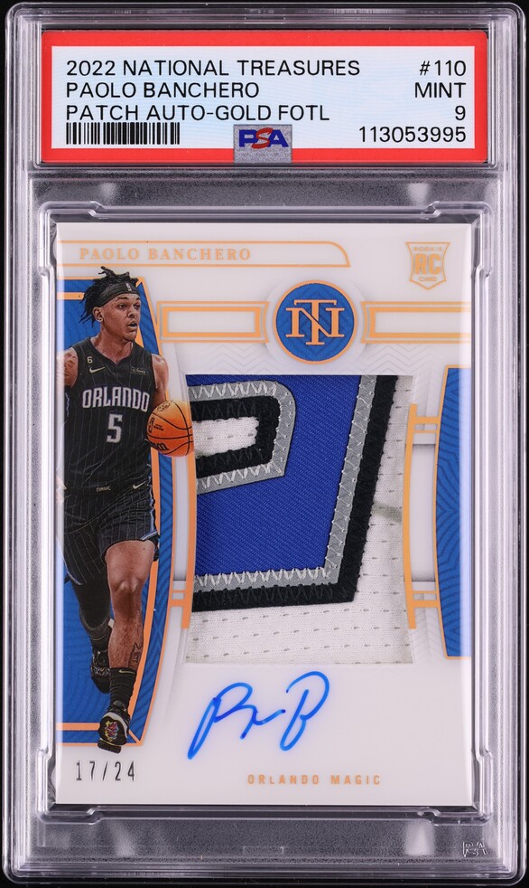 2022 National Treasures Gold FOTL Paolo Banchero RC PATCH AUTO /24 #110 PSA 9