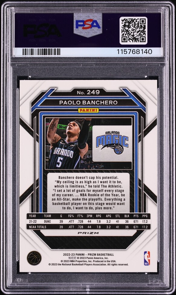 2022 Panini Prizm White Sparkle Paolo Banchero ROOKIE #249 PSA 9 MINT