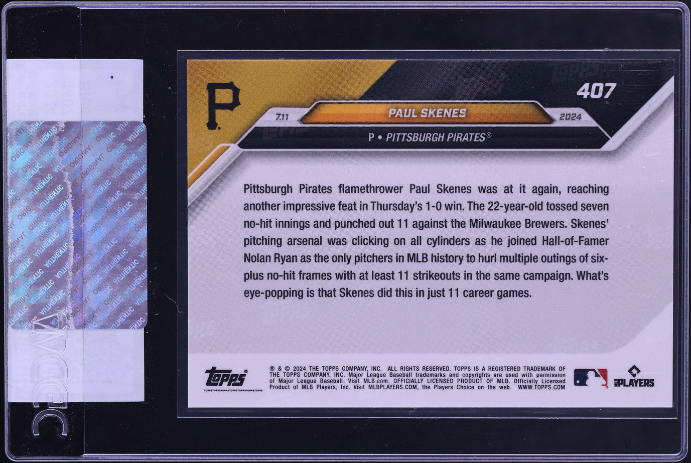 2024 Topps Now Blue Paul Skenes ROOKIE /49 #407 CGC AUTH