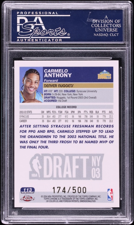 2003 Topps Chrome Black Refractor Carmelo Anthony ROOKIE /500 #113 PSA 10 GEM MINT