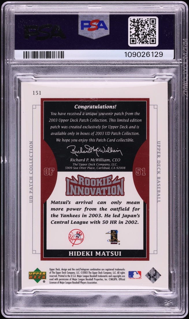 2003 Upper Deck Collection Hideki Matsui ROOKIE PATCH #151 PSA 8 NM-MT