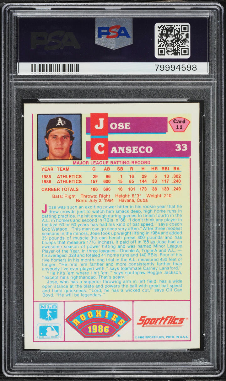 1986 Sportflics Jose Canseco ROOKIE #11 PSA 7 NRMT