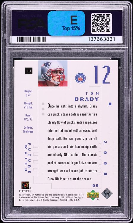 2000 SP Authentic Tom Brady ROOKIE /1250 #118 PSA 8 NM-MT