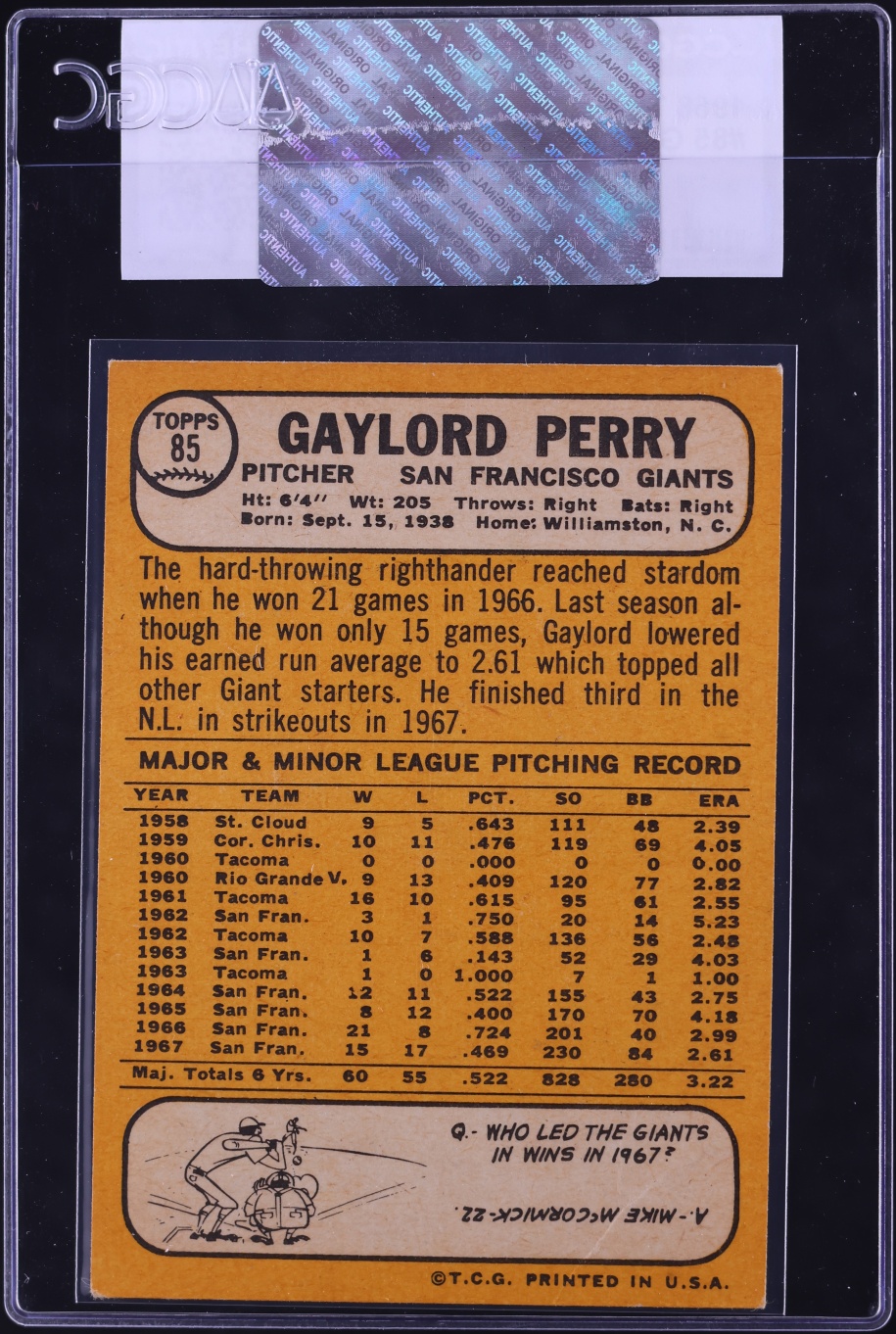 1968 Topps Gaylord Perry #85 CGC AUTH