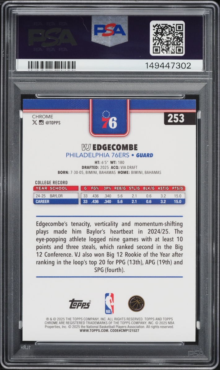2025 Topps Chrome VJ Edgecombe ROOKIE #253 PSA 9 MINT