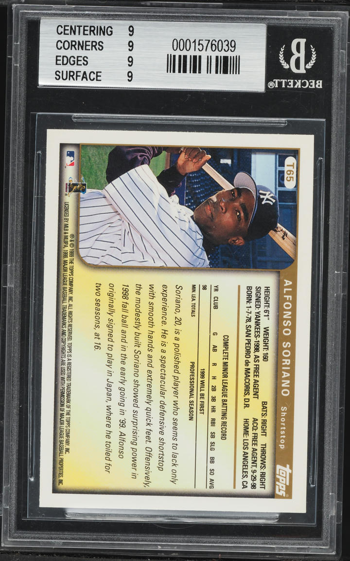 1999 Topps Traded Alfonso Soriano ROOKIE #T65 BGS 9 MINT