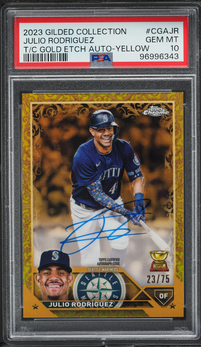 2023 Topps Chrome Gilded Gold Etch Yellow Julio Rodriguez AUTO /75 PSA 10 GEM