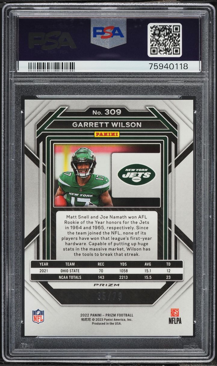 2022 Panini Prizm No Huddle Blue Garrett Wilson ROOKIE /79 #309 PSA 10 GEM MINT