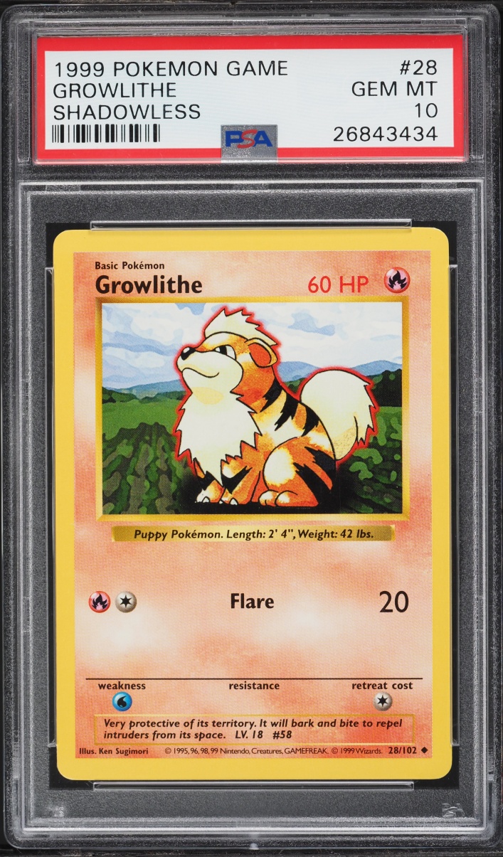 1999 Pokemon Base Set Shadowless Growlithe #28 PSA 10 GEM MINT