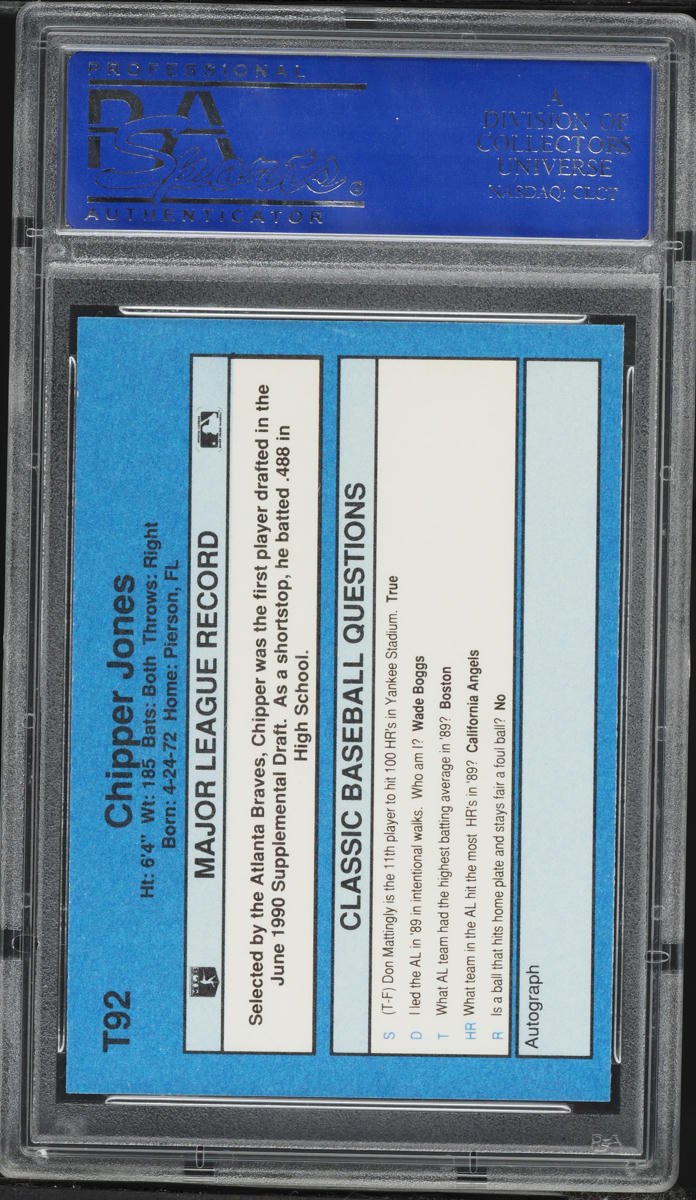 1990 Classic Series III Chipper Jones ROOKIE #T92 PSA 10 GEM MINT